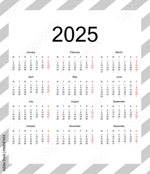 Fototapeta 2025 Calendar Grid. Calendar 2024, 2025 year - vector illustration. Week starts on Sunday. Calendar for 2025 years