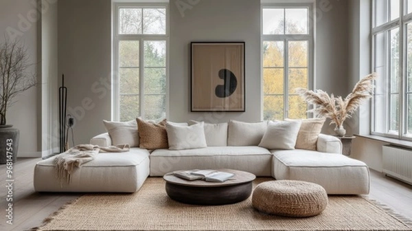 Obraz modern swedish living room with sleek furnishings and a warm vibe, perfect for a lifestyle concept ad focusing on contemporary living
