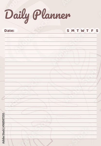 Fototapeta Daily Planner, Planner Template. Nice and simple printable to-do list in pastel beige colors with monstera leaves illustration. Digital Healthy Meal Planner.