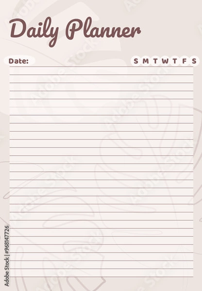 Fototapeta Daily Planner, Planner Template. Nice and simple printable to-do list in pastel beige colors with monstera leaves illustration. Digital Healthy Meal Planner.