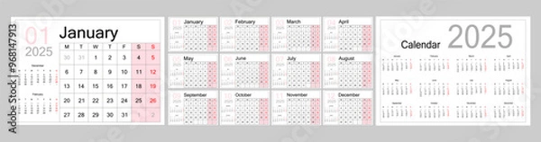 Fototapeta Large monthly yearly calendar for 2025. Monthly calendar template for 2025. Minimalist style daily planner. Week starts on Monday.
