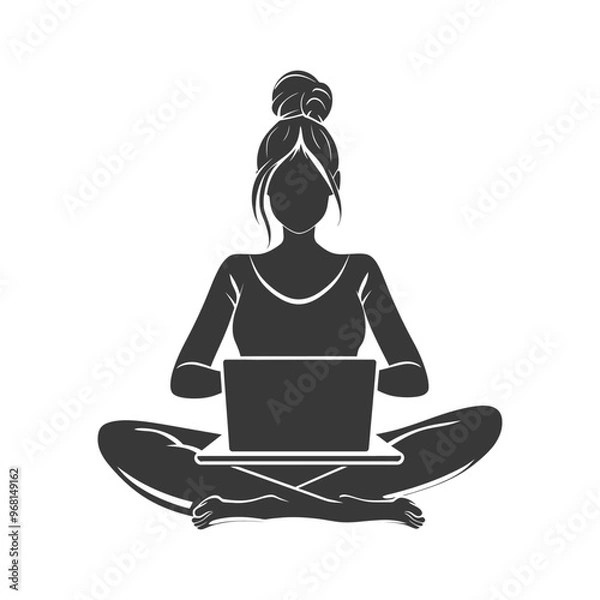 Fototapeta Silhouette of a Woman Sitting in a Lotus Position Using a Laptop