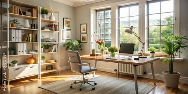 Fototapeta Modern Home Office with Natural Light and Stylish Decor, home office design, interior design, office space