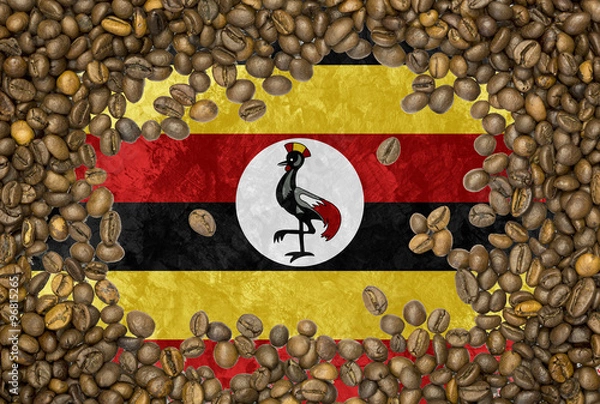 Obraz Flag of Uganda under a roasted coffee beans background texture