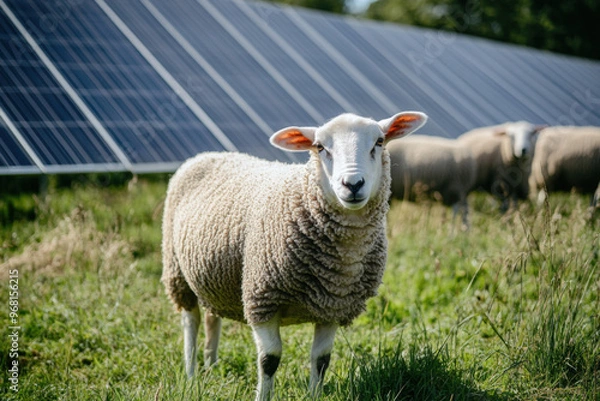 Fototapeta Flock of sheep grazing peacefully on a lush green pasture with rows of solar panels in the background, showcasing the concept of agrivoltaics