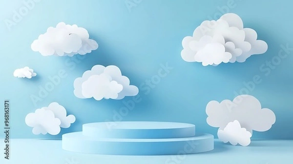 Obraz Blue podium with paper cut clouds on sky background. 3d product display podium, stage or scene with round pastel blue base and origami white clouds. Geometric shape presentation stand. Generative Ai