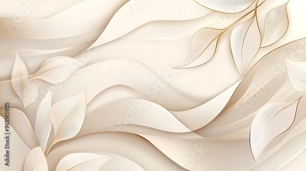 Fototapeta Elegant pastel light brown abstract background combined with golden lines curves and leaves 3d paper cut style elements. Modern design template design illustration. Generative Ai