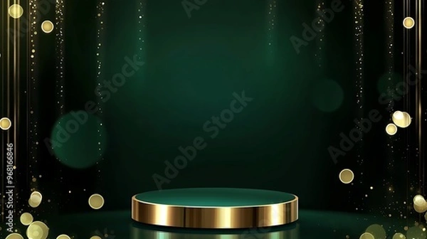 Obraz Empty podium golden on green background with light neon effects with bokeh decorations. Luxury scene design concept. Design illustrations. Generative Ai