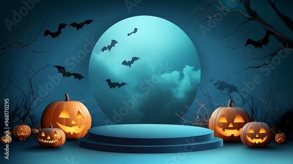 Obraz Halloween podium with glowing arc to display your product. Holiday 3d scene. illustration. Generative Ai