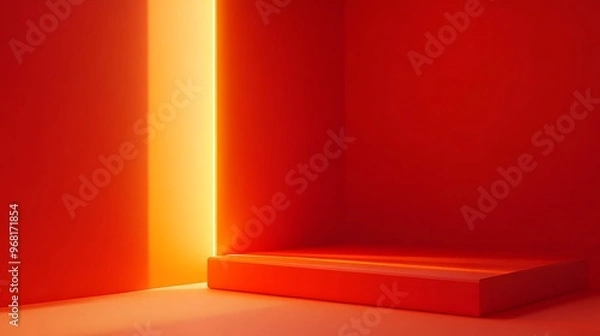 Fototapeta Modern 3D Red Podium on Bright Orange Background with Glowing Light, Minimalist Style Product Display and Mockup. Generative Ai