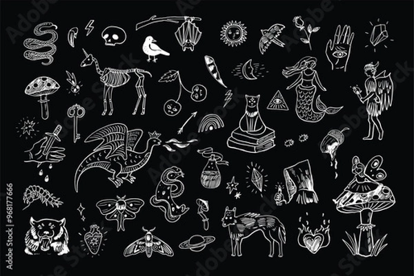 Fototapeta Mystical tale halloween illustrations line set.
