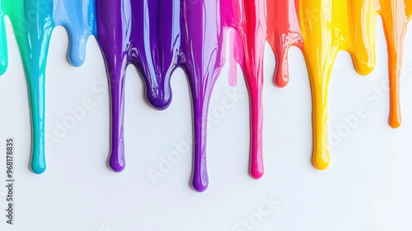 Obraz Rainbow colored paint dripping down a white background