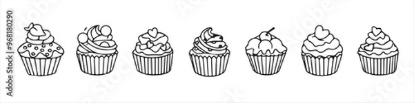 Fototapeta cupcake doodle sticker painted with a bright colored line. children's sticker for the design of postcards, T-shirts, notebooks, paintings, wallpapers, cafe design, menu, invitation, banner, restaurant