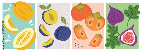 Obraz A beautiful collection of hand made, colorful fruit: yellow melon, prunes and persimmon. Vector illustration. Perfect for print or digital.