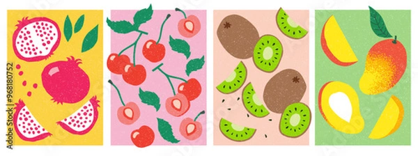 Obraz A beautiful collection of hand made, colorful fruit: pomegranate, cherries and kiwi. Vector illustration. Perfect for print or digital.