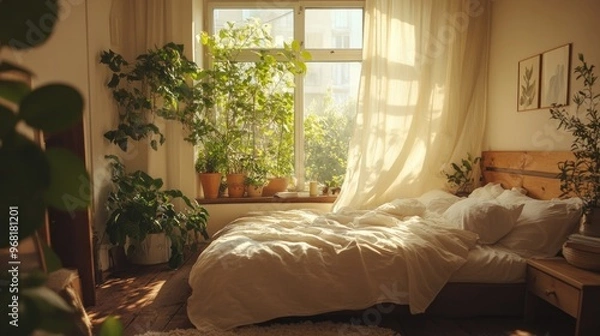 Fototapeta Sunlight Streaming Through a Window into a Bedroom