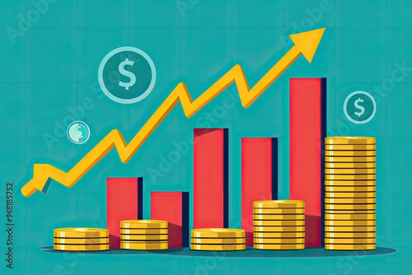 Obraz Growing profit arrows and stacks of coins symbolize financial success and growth