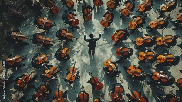 Obraz Overhead view of a conductor directing a large orchestra with musicians playing string instruments