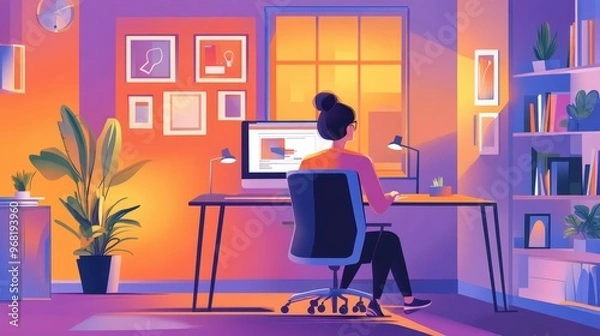 Fototapeta A professional businesswoman exemplifies work-life balance by engaging in a virtual meeting after hours from her office.