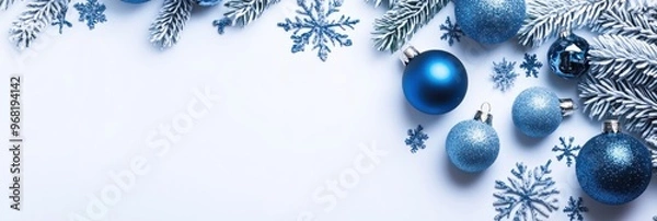 Obraz Blue Christmas Ornaments and Snowflakes on a White Background