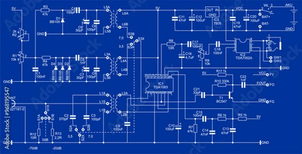 Fototapeta Technical schematic diagram of electronic device.
Vector drawing electrical circuit with 
coil, capacitor, resistor, integrated circuit,
diode, transistor, antenna, other electronic components.