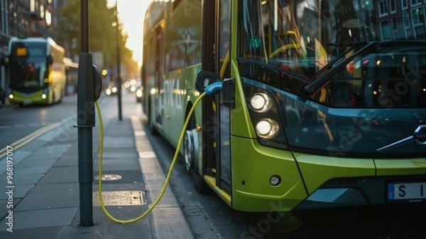 Fototapeta Electric bus charging at public station on city street with another bus in background