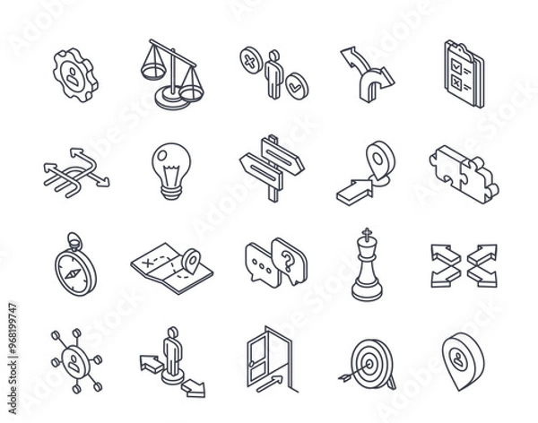 Obraz Decision Making Line Icon Set. Outline signs with choosing direction, arrows of path, doubting entrepreneur and strategy. Editable stroke. Isometric 3D vector illustration isolated on white background