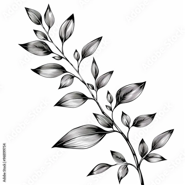 Fototapeta  Beautiful willow twig with leaves black and white drawing illustration isolated on white background