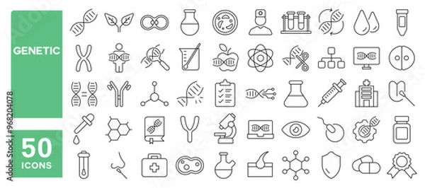 Fototapeta Set of 50 line icons related to genetic, dna, genome, gene, chromosomes, heredity, gender, experiments, swab, microscope, Editable stroke. Vector illustration