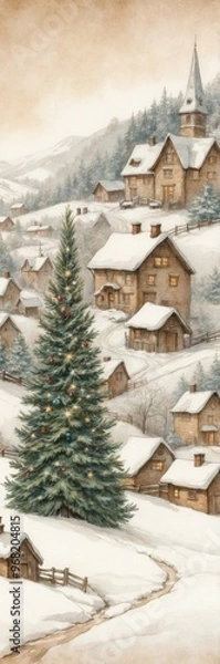 Obraz Festive Christmas bookmark - Snowy Mountain Village with a Christmas Tree - Watercolor Illustration on Sepia Tones