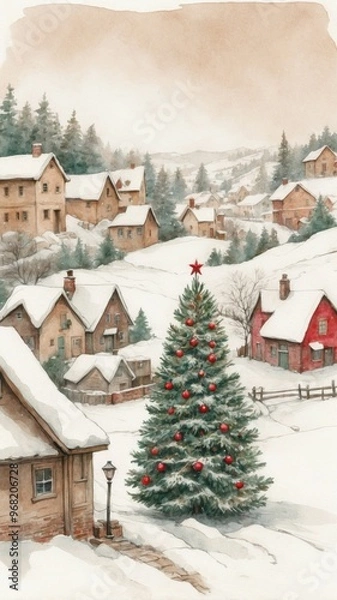 Obraz Watercolor Illustration of a Snowy Mountain Village with a Christmas Tree, Ideal for Elegant Holiday Cards, Invitations, and Seasonal Art