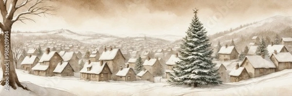 Obraz Festive Watercolor Christmas Banner with Snowy Mountain Village and Pine Trees, Ideal for Holiday Decorations and Designs