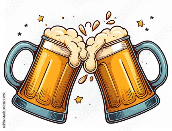 Fototapeta beer cheers vector. Two toasting beer mugs, Cheers. Clinking glass tankards full of beer and splashed foam. Cartoon style. Isolated on white background. Design for banner, poster, greeting cards.