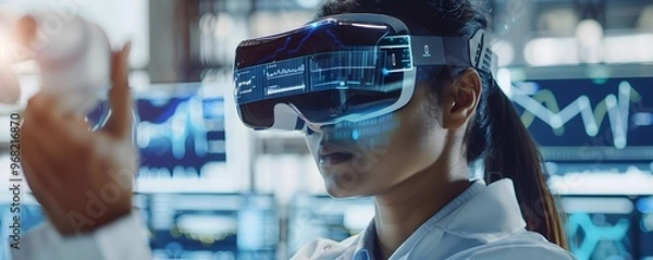 Fototapeta A focused scientist wearing virtual reality goggles, engaged in innovative research with advanced technology in a modern laboratory setting.