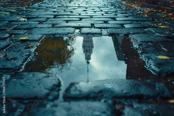 Fototapeta Reflection of a clock tower in a puddle of water