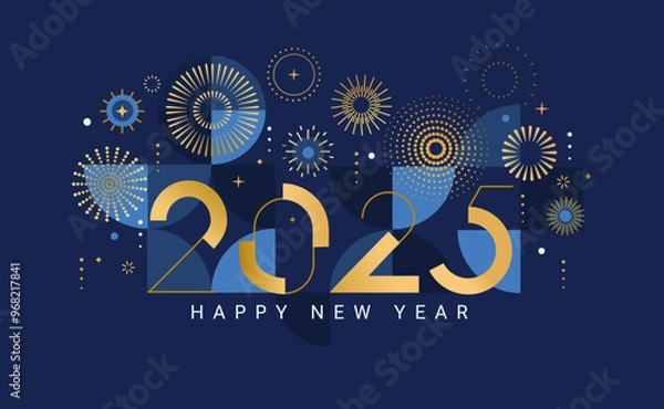 Obraz Celebrating 2025 New Year.Elegant card for event with abstract golden fireworks and golden numbers on blue background with geometric pattern.Template for poster,flyer,web.Vector illustration