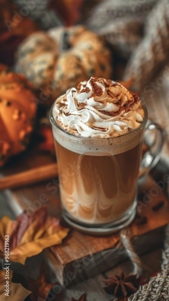 Fototapeta Cozy autumn scene with pumpkin spice latte and whipped cream. AI