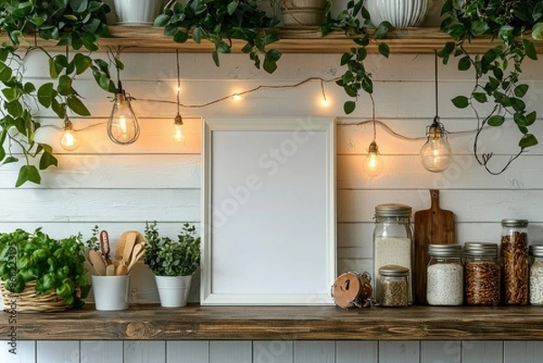Fototapeta Rustic Kitchen Shelf Decor with White Frame and Hanging Lights