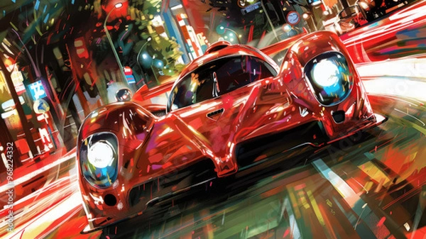 Obraz A sleek red sports car speeds down a bustling city street at night, surrounded by colorful blinking lights