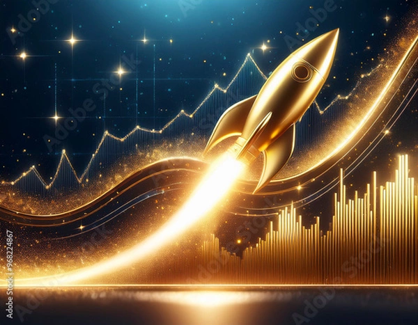 Obraz Golden rocket is flying upwards over growing charts, representing successful business growth and startup