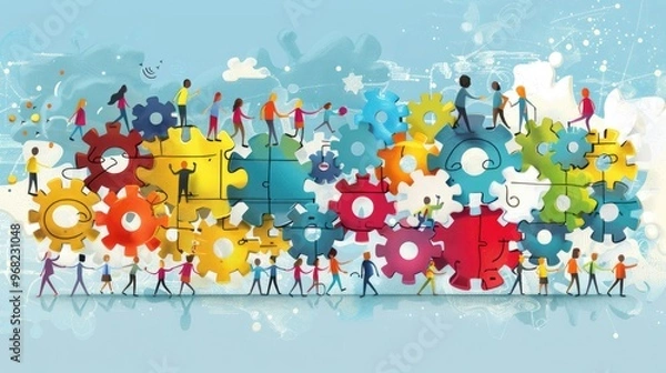 Fototapeta A group of people are working together to build a large puzzle