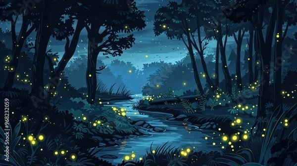 Fototapeta Nighttime Forest with a River and Fireflies