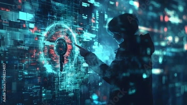 Fototapeta A person interacts with a digital interface, displaying holographic elements and cybersecurity themes in a futuristic environment.