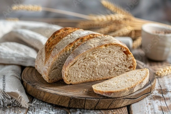 Obraz A rustic sourdough bread slices on an oak wooden board, and kitchen towel in the background