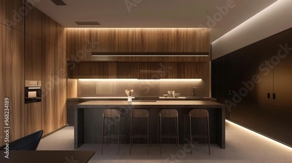 Obraz Sleek Minimalist Kitchen with Wooden Paneling and Functional Design