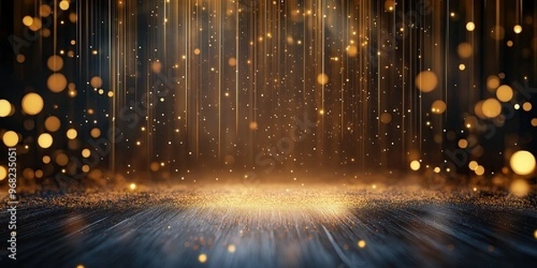Obraz A mesmerizing backdrop of golden bokeh lights creates an enchanting atmosphere, perfect for celebrations, events, or festive design projects. Sparkling particles cascade elegantly.