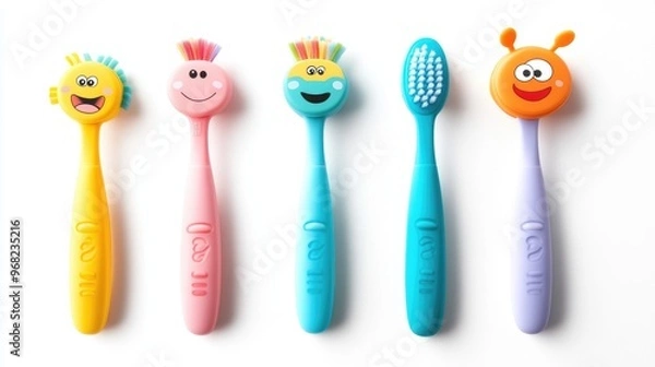 Fototapeta Adorable kids' toothbrush with colorful cartoon characters, set against a clean white background, designed for playful and fun brushing