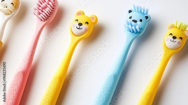 Fototapeta Cute and colorful toothbrush for kids with a playful design, featuring animal faces on the handle, set on a clean white background