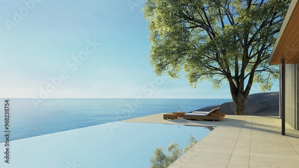 Obraz Modern Lounge chair on terrace - ocean sea view - 3D rendering
