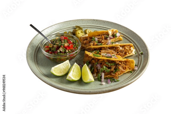 Obraz Delicious tacos filled with meat served on a plate. Isolated on white background. Full depth of field.
